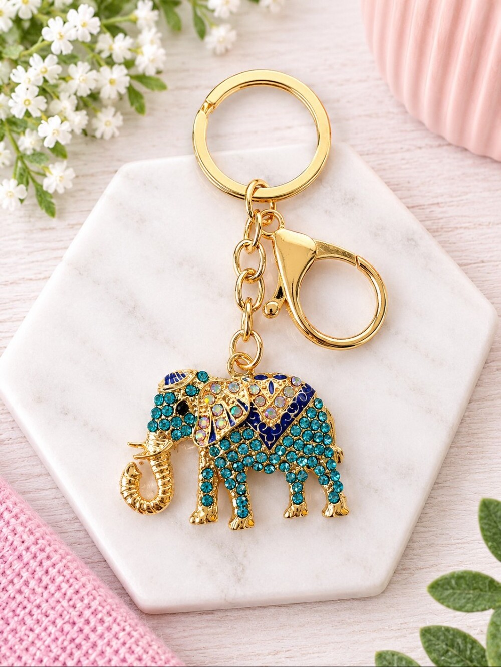Chloe Gold Elephant Key & Card Holder with Teal and Blue Crystals